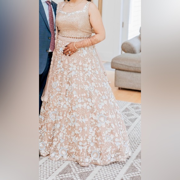 Nude Champagne Bridal Reception Lehenga 3DPearl/Beadwork - Picture 3 of 4
